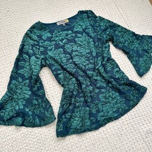 Emerald Teal 90’s Y2K Velvety Burnout Blouse, Flowy Sleeves, Whimsigoth
